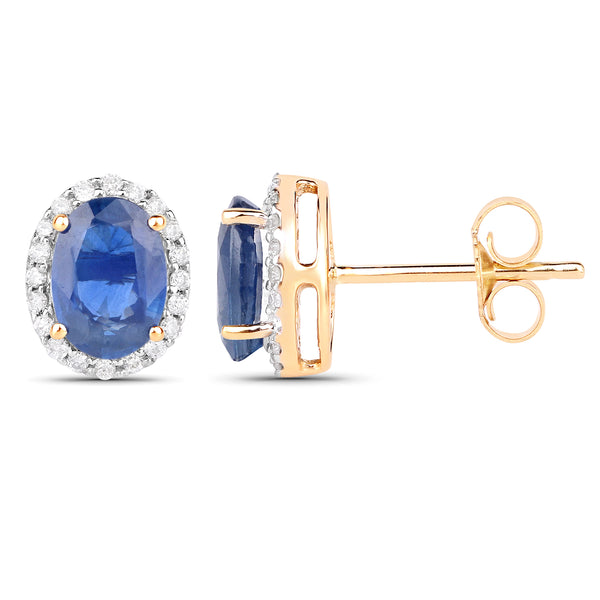 2.16 Carat Genuine Blue Sapphire and White Diamond 14K Yellow Gold Earrings