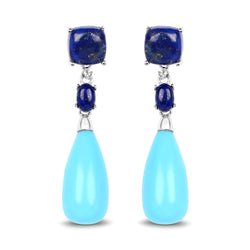 28.48 Carat Genuine Turquoise, Lapis and White Topaz .925 Sterling Silver Earrings