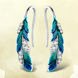 Sterling Silver Blue Feather Earrings with Pave CZ for Women