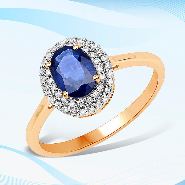 1.18 Carat Genuine Blue Sapphire and White Diamond 14K Yellow Gold Ring