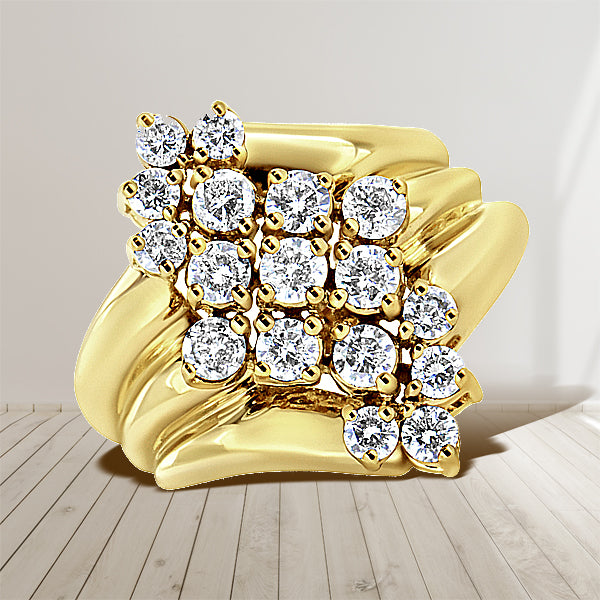 10K Yellow Gold 1 1/2 Cttw Diamond Cluster Tapered Shank Cocktail Ring Cocktail Ring (I-J Color, I1-I2 Clarity) - Ring Size 7