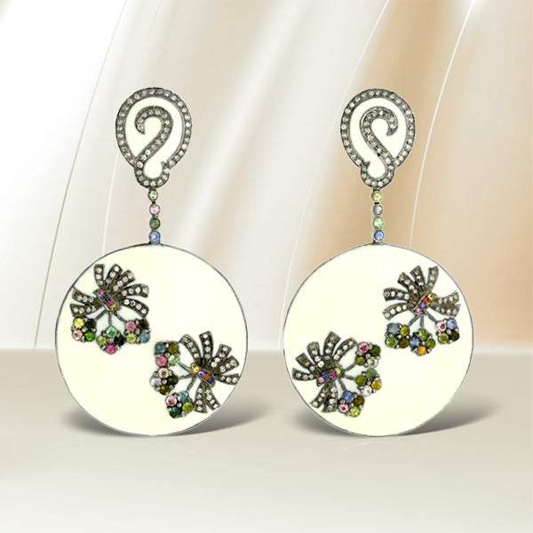 3.07ct Gemstone Diamond Enamel Dangle Earrings Gold .925 Sterling Silver Jewelry