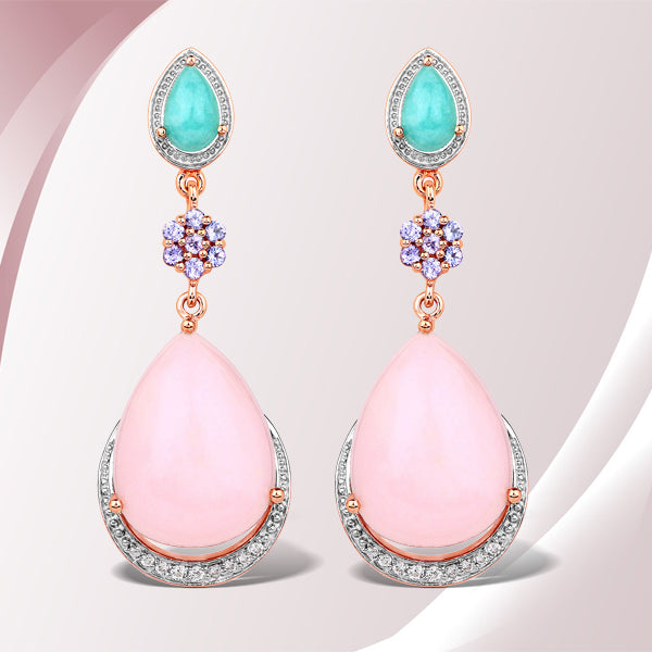 18K Rose Gold Plated 31.93 Carat Genuine Multi Stones .925 Sterling Silver Earrings