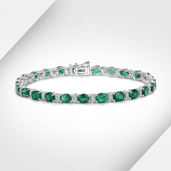 7.80 Carat Genuine Zambian Emerald and White Diamond 14K White Gold Bracelet