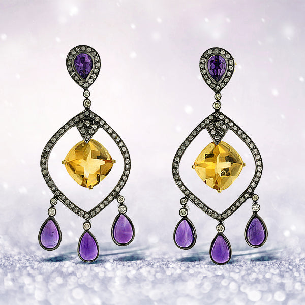 0.95ct Citrine Amethyst Pave Diamond Chandelier Earrings 18k Gold Silver Jewelry