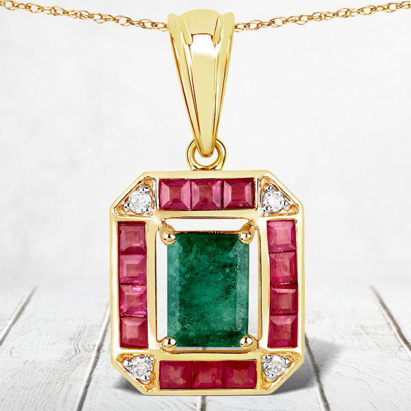 1.83 Carat Genuine Zambian Emerald, Ruby and White Diamond 14K Yellow Gold Pendant