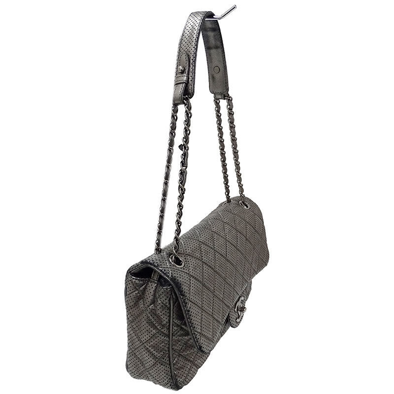 Chanel Matelasse Womens Leather Shoulder Bag Metallic Gray