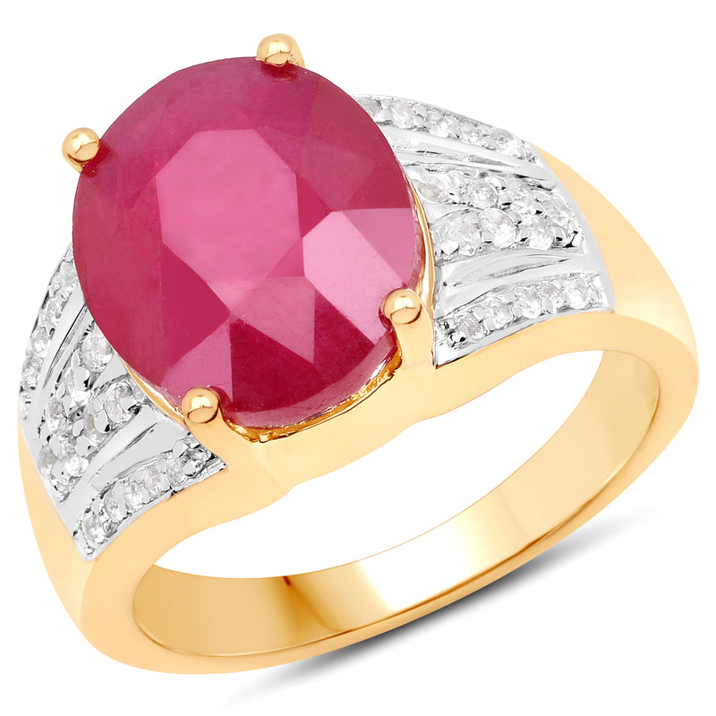 14K Yellow Gold Plated 5.49 Carat Glass Filled Ruby and White Topaz .925 Sterling Silver Ring