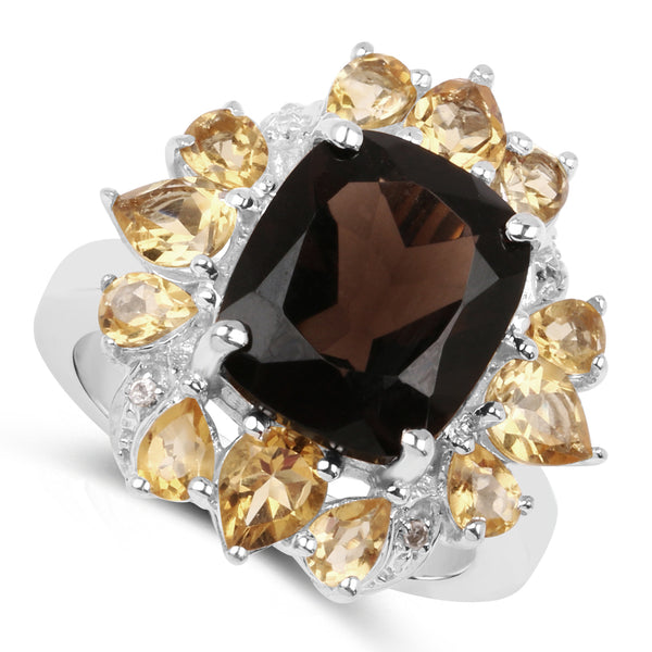 7.26 Carat Genuine Smoky Quartz, Citrine and White Topaz .925 Sterling Silver Ring