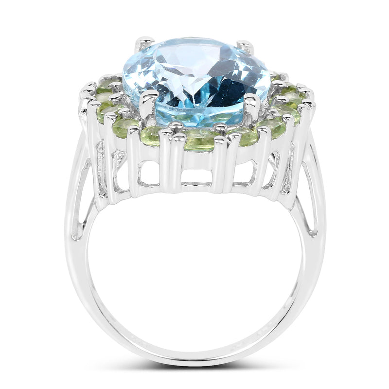 12.77 Carat Genuine Blue Topaz and Peridot .925 Sterling Silver Ring