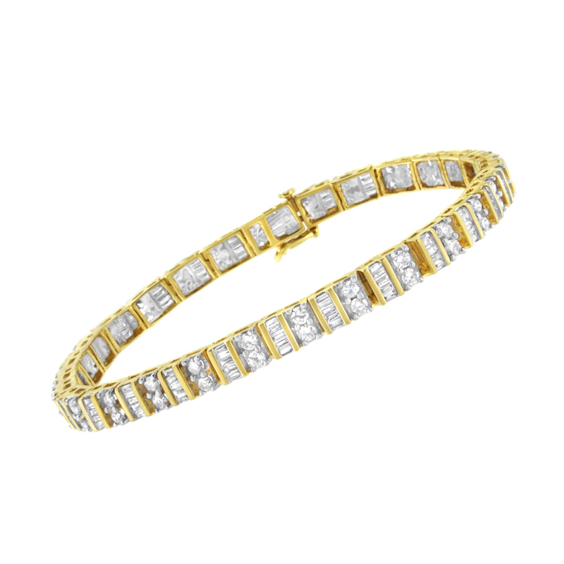 14KT Yellow Gold 4.0 Cttw Baguette & Round Brilliant-Cut Diamond Channel & Prong-Set Tennis Bracelet (H-I Color, SI2-I1 Clarity) - 7"