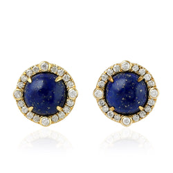 3.2ct Lapis Lazuli Stud Earrings 18k Yellow Gold Diamond Handmade Jewelry