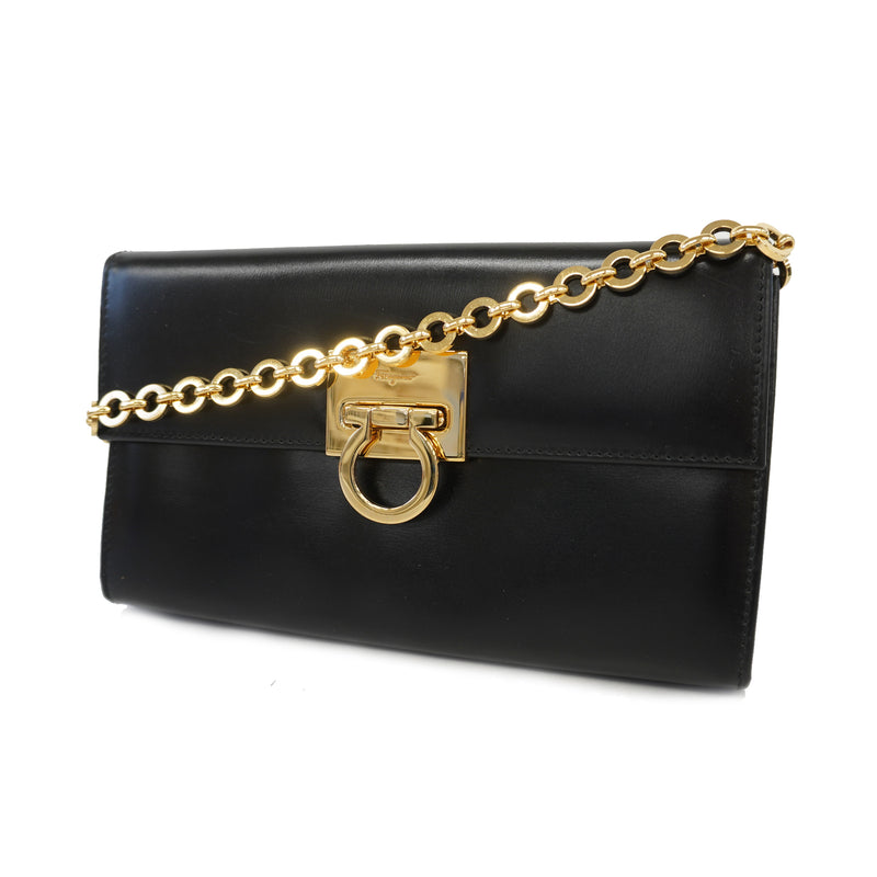 Auth Salvatore Ferragamo Shoulder Bag Gancio Leather Black Gold Metal