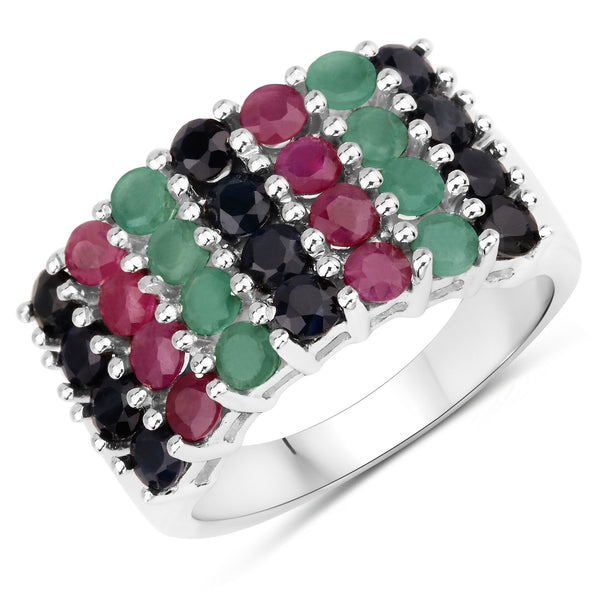 "3.40 Carat Genuine Emerald, Ruby and Black Sapphire .925 Sterling Silver Ring"