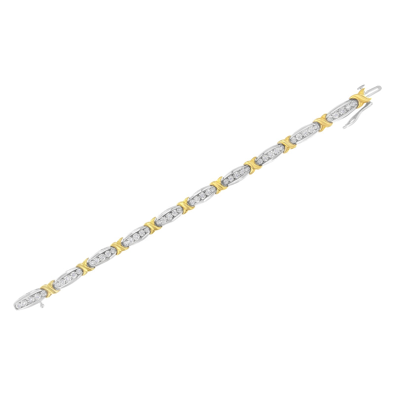 10K Yellow Gold Plated .925 Sterling Silver Two Tone 3/4 CttwDiamond X & O Link Tennis Bracelet (H-I Color, I1-I2 Clarity) - 7”