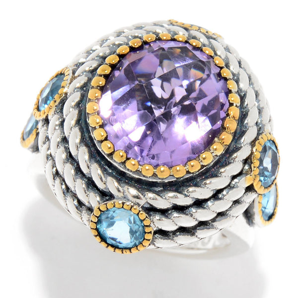 925 Sterling Silver Women Cocktail Ring Pink Amethyst and Blue Topaz