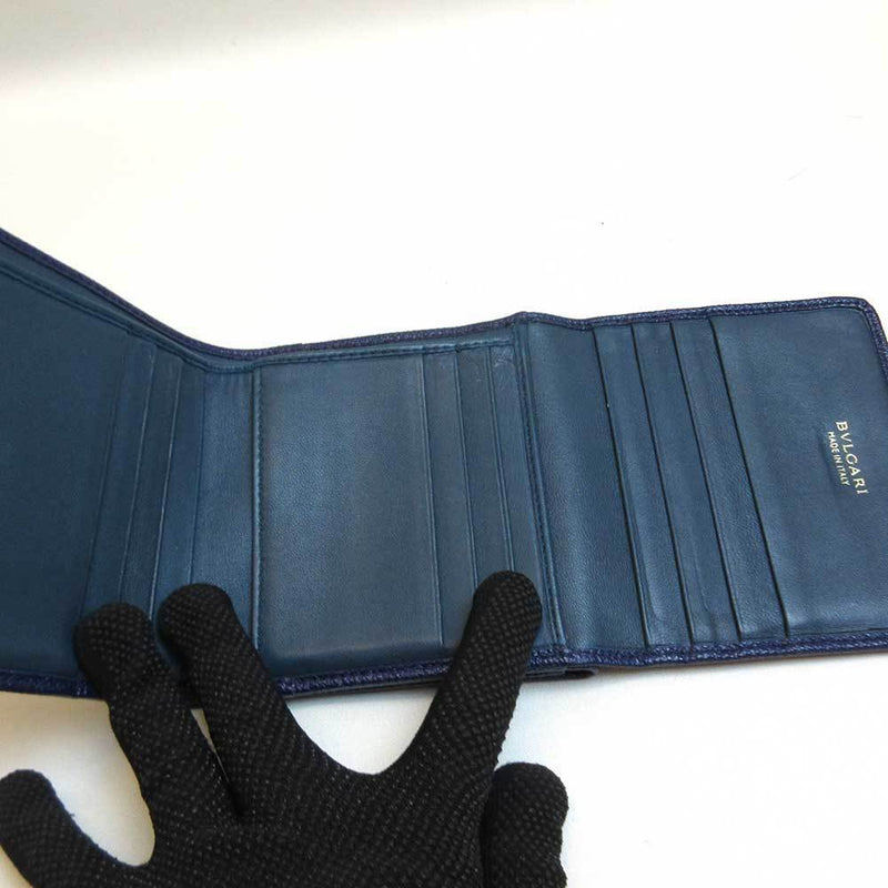 Bvlgari Mini Wallet Navy Blue Tri-Fold Clip Square Mens Womens Leather