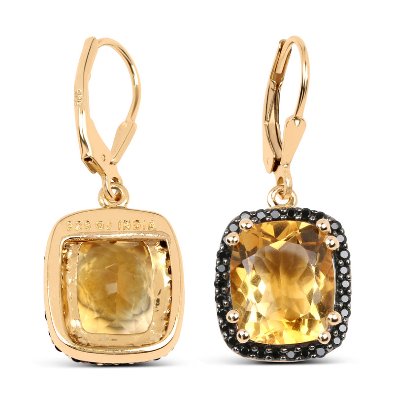 14K Yellow Gold Plated 8.90 Carat Genuine Citrine & Black Spinel .925 Sterling Silver Earrings