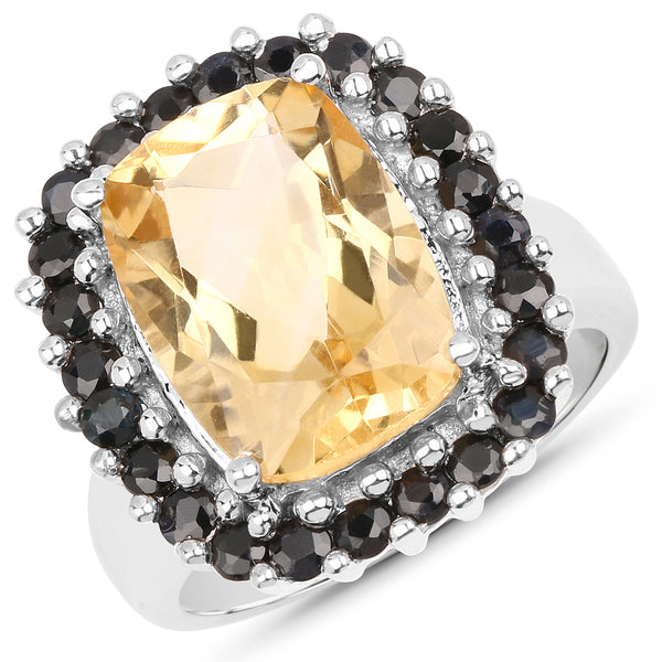 7.46 Carat Genuine Citrine and Black Spinel .925 Sterling Silver Ring