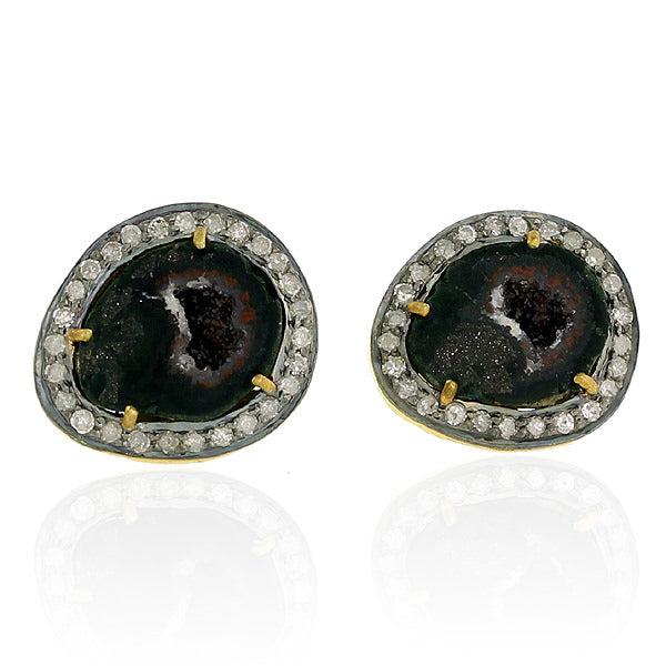 8.76ct Natural Geode Stud Earrings 18k Gold 925 Sterling Silver Diamond Jewelry