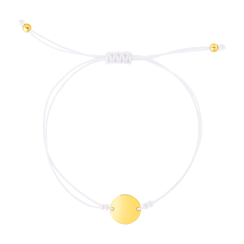 9 1/4 inch White Cord Adjustable Bracelet with 14k Yellow Gold Circle