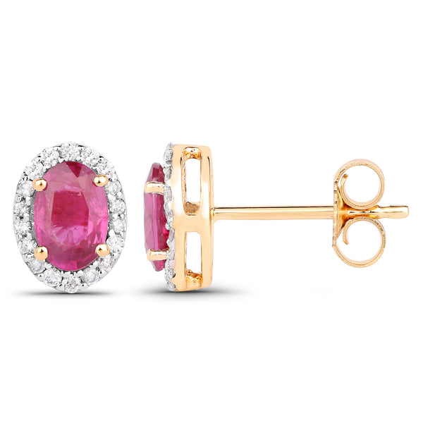 1.29 Carat Genuine Ruby and White Diamond 14K Yellow Gold Earrings