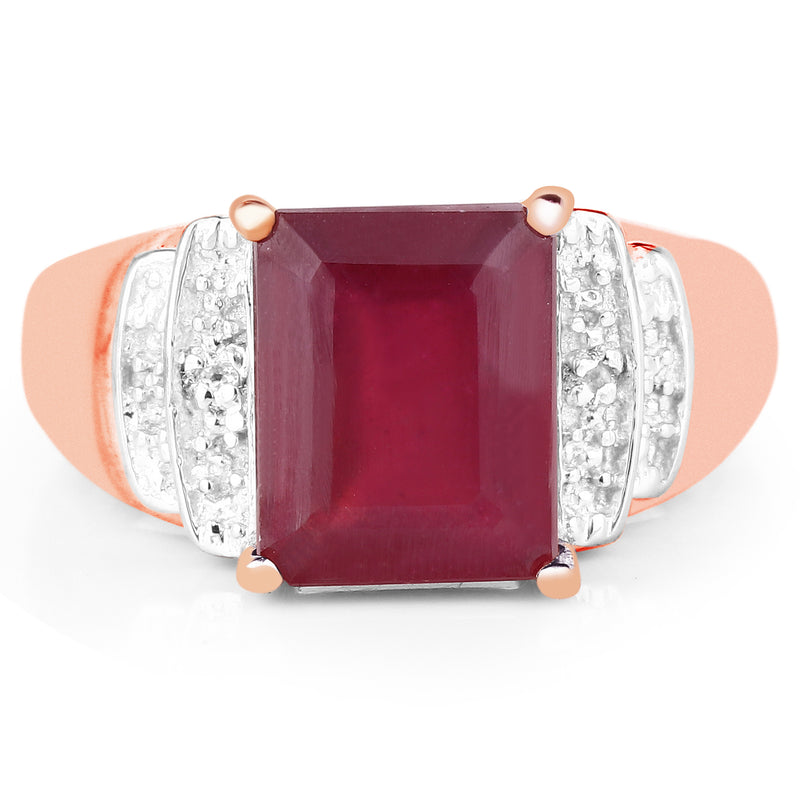 14K Rose Gold Plated 4.26 Carat Genuine Glass Filled Ruby and White Topaz .925 Sterling Silver Ring