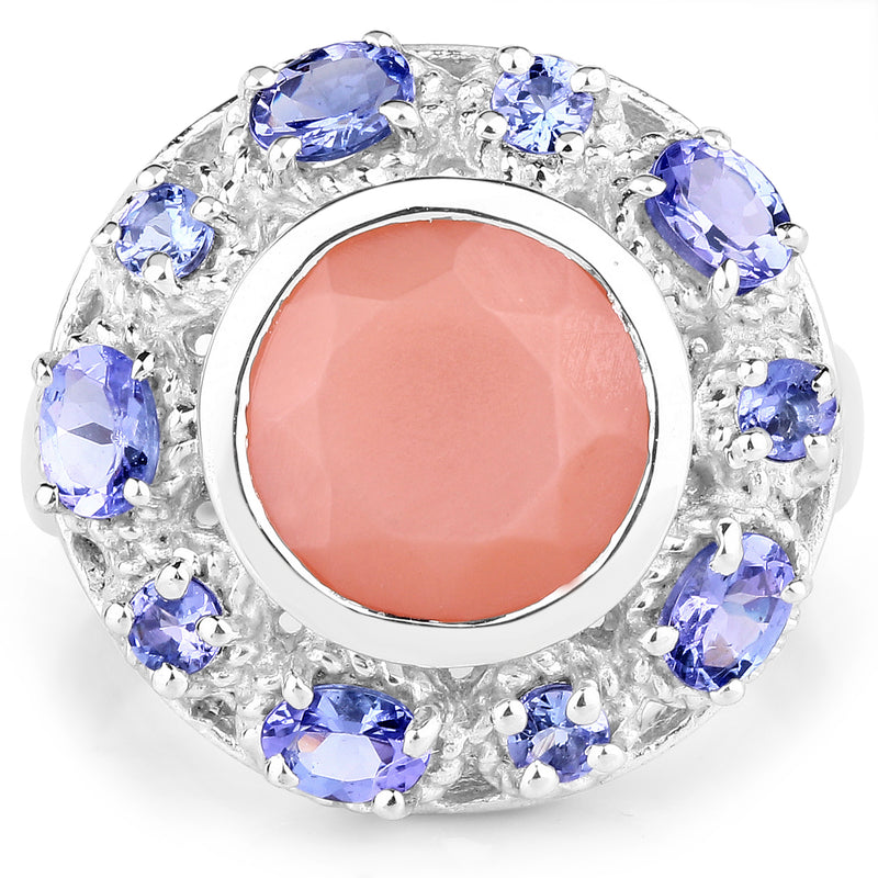 4.50 Carat Genuine Peach Moonstone and Tanzanite .925 Sterling Silver Ring