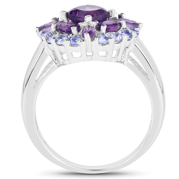 2.19 Carat Genuine Amethyst and Tanzanite .925 Sterling Silver Ring