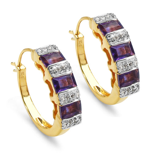 14K Yellow Gold Plated 1.88 Carat Genuine Amethyst & White Topaz .925 Sterling Silver Earrings