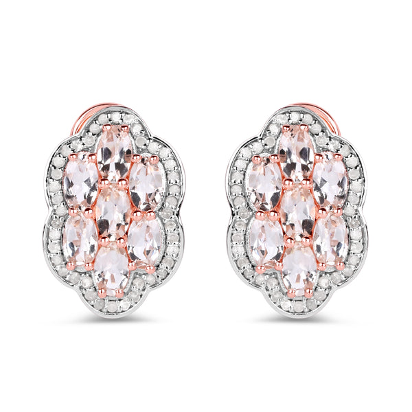 14K Rose Gold Plated 3.52 Carat Genuine Morganite And White Diamond .925 Sterling Silver Earrings