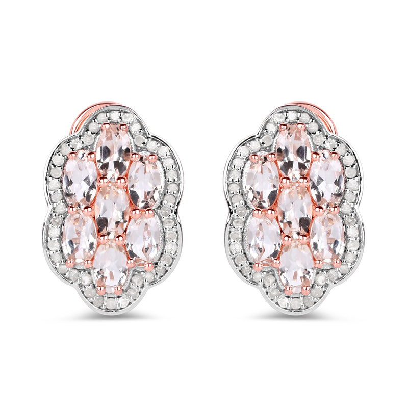 14K Rose Gold Plated 3.52 Carat Genuine Morganite And White Diamond .925 Sterling Silver Earrings