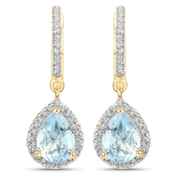 18K Yellow Gold Plated 2.59 Carat Genuine Blue Topaz and White Topaz .925 Sterling Silver Earrings