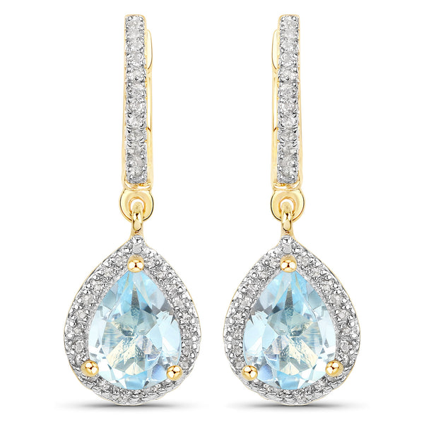 18K Yellow Gold Plated 2.59 Carat Genuine Blue Topaz and White Topaz .925 Sterling Silver Earrings