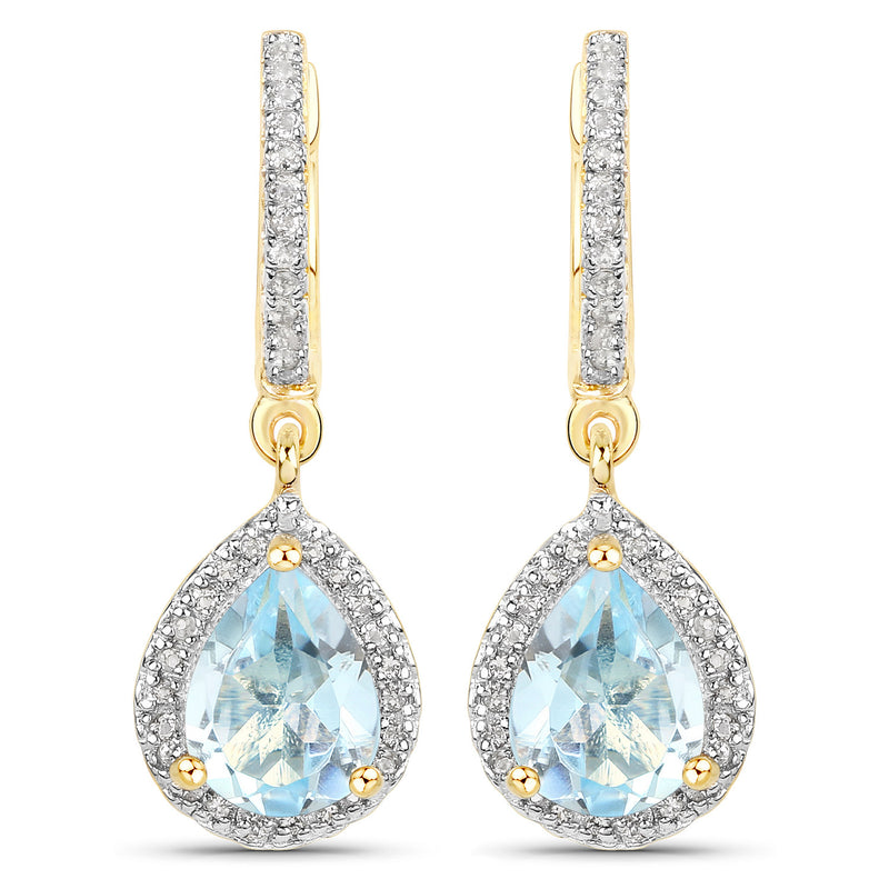 18K Yellow Gold Plated 2.59 Carat Genuine Blue Topaz and White Topaz .925 Sterling Silver Earrings