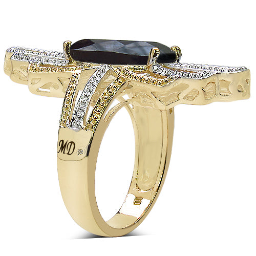 14K Yellow Gold Plated 3.73 Carat Genuine Smoky Quartz & White Diamond .925 Sterling Silver Ring