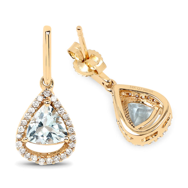 1.05 Carat Genuine Aquamarine and White Diamond 14K Yellow Gold Earrings