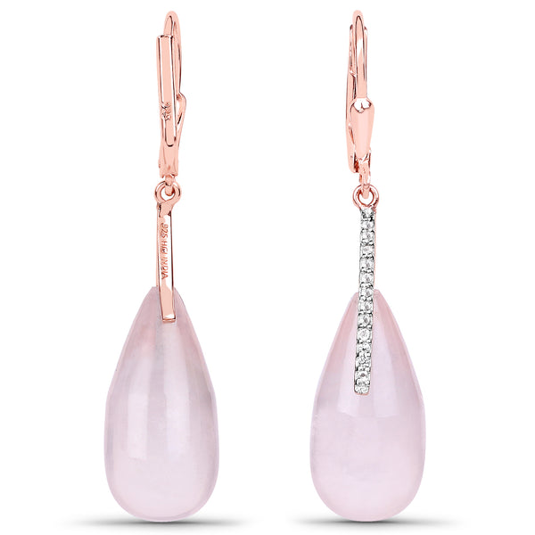 18K Rose Gold Plated 29.42 Carat Genuine Rose Quartz and White Topaz .925 Sterling Silver Earrings