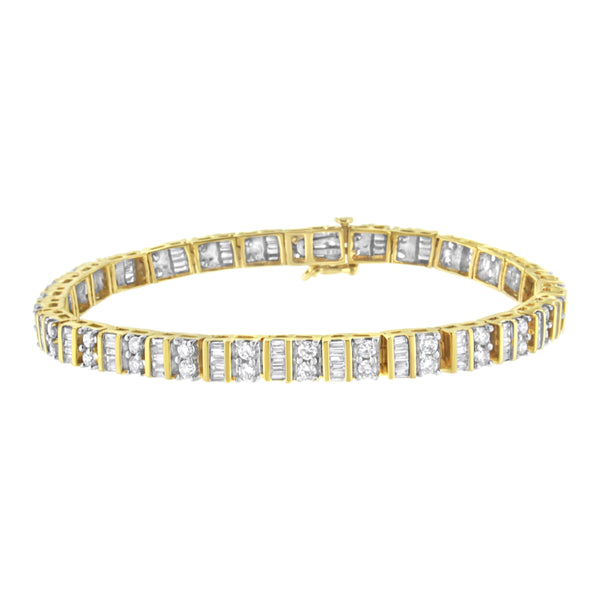 14KT Yellow Gold 4.0 Cttw Baguette & Round Brilliant-Cut Diamond Channel & Prong-Set Tennis Bracelet (H-I Color, SI2-I1 Clarity) - 7"