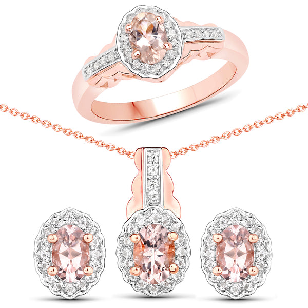 1.98 Carat Genuine Morganite and White Topaz .925 Sterling Silver 3 Piece Jewelry Set (Ring, Earrings, and Pendant w/ Chain)