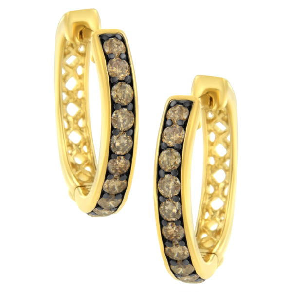 10K Yellow Gold and Black Rhodium Plated 1.0 Cttw Round-Cut Diamond Hoop Earrings (Champagne Color, I1-I2 Clarity)