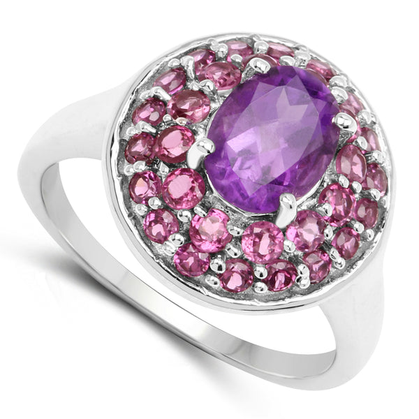 2.48 Carat Genuine Amethyst and Rhodolite .925 Sterling Silver Ring