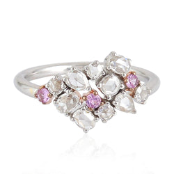 18k Solid White Gold Rose Cut Diamond Pink Sapphire Cluster Ring For Gift