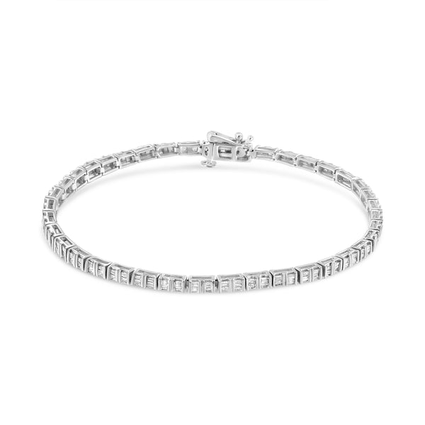 .925 Sterling Silver 1-1/10 Cttw Baguette Diamond Channel Set Link Tennis Bracelet (H-I Color, I2-I3 Clarity) - 7"