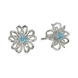 925 Sterling Silver Women Floral Stud Earring Swiss Blue Topaz