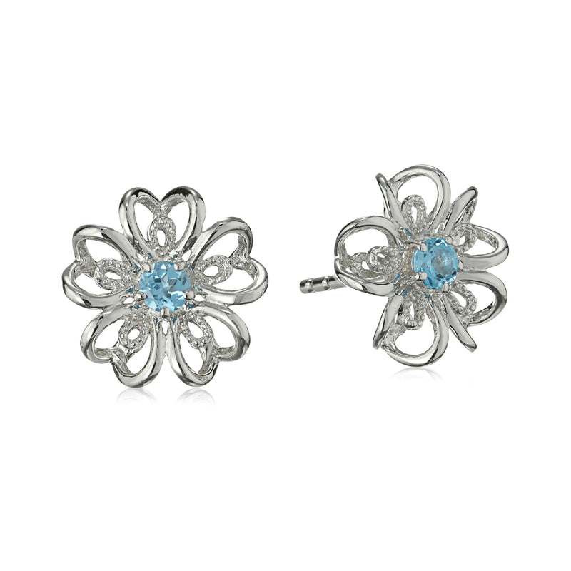 925 Sterling Silver Women Floral Stud Earring Swiss Blue Topaz