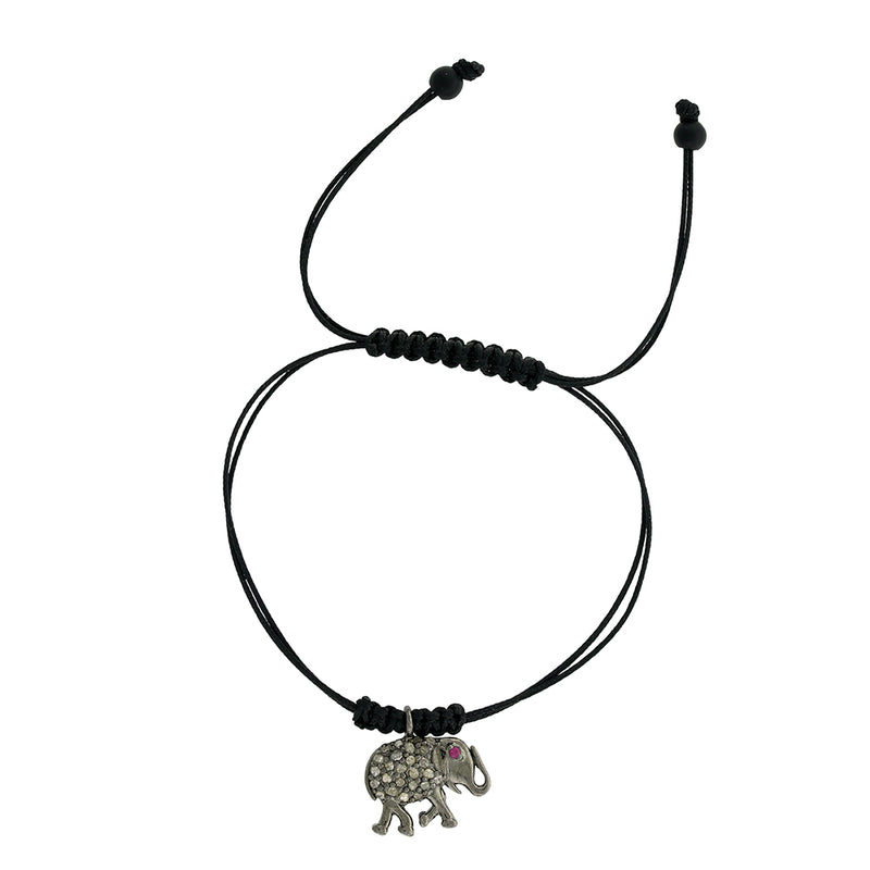 Pave Diamond 14K Gold Silver Onyx Ruby Elephant Design Macrame Bracelet Jewelry