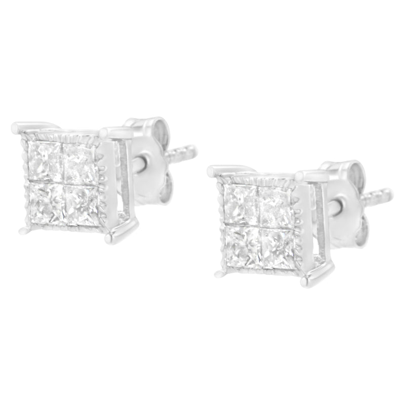 10K White Gold Square Earrings with Princess Cut Diamond (3/4 cttw, I-J Color, I2-I3 Clarity)