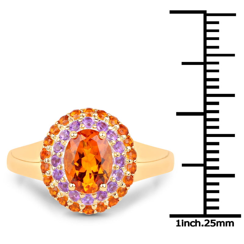 14K Yellow Gold Plated 1.70 Carat Genuine Citrine and Amethyst .925 Sterling Silver Ring