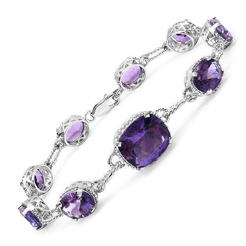 18.21 Carat Genuine Amethyst & White Diamond .925 Sterling Silver Bracelet